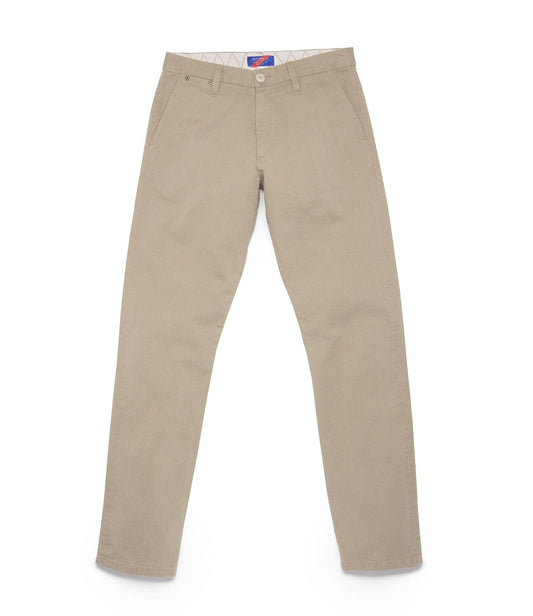 Khaki-colored pants displayed against a white background, featuring a button and zipper closure, front pockets, and belt loops.