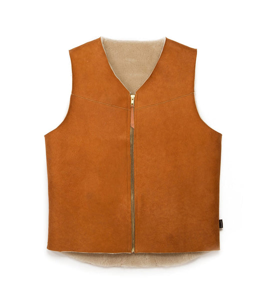 A brown leather vest with a front zipper and a light interior lining.