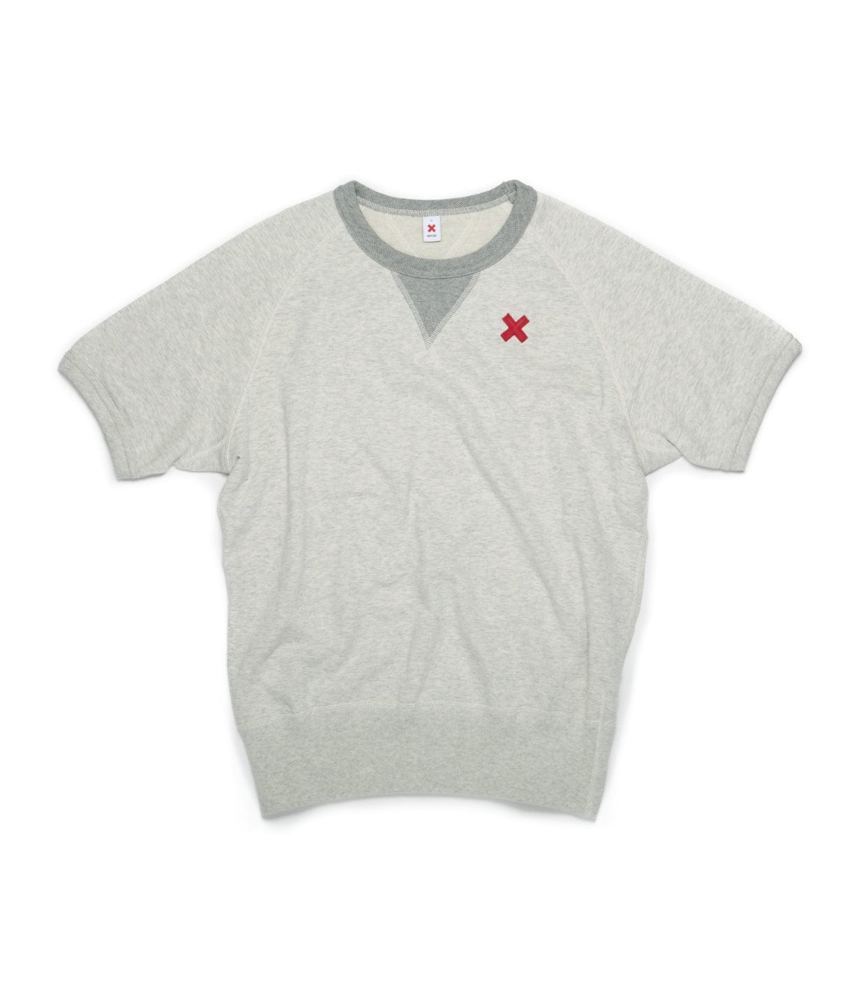 Gray short-sleeve sweatshirt with a dark gray V-neck design and a small red X embroidered on the left chest.