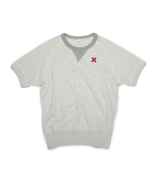 Gray short-sleeve sweatshirt with a dark gray V-neck design and a small red X embroidered on the left chest.