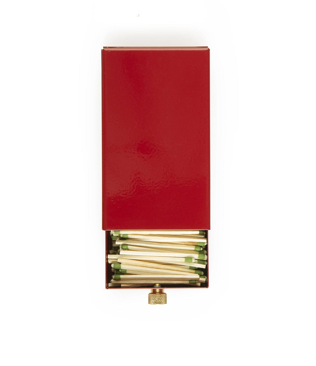 A red matchbox with an open drawer displaying wooden matches with green tips.