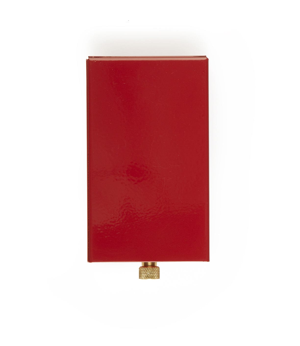 A red rectangular object with a small metallic knob at the bottom center, set against a plain white background.