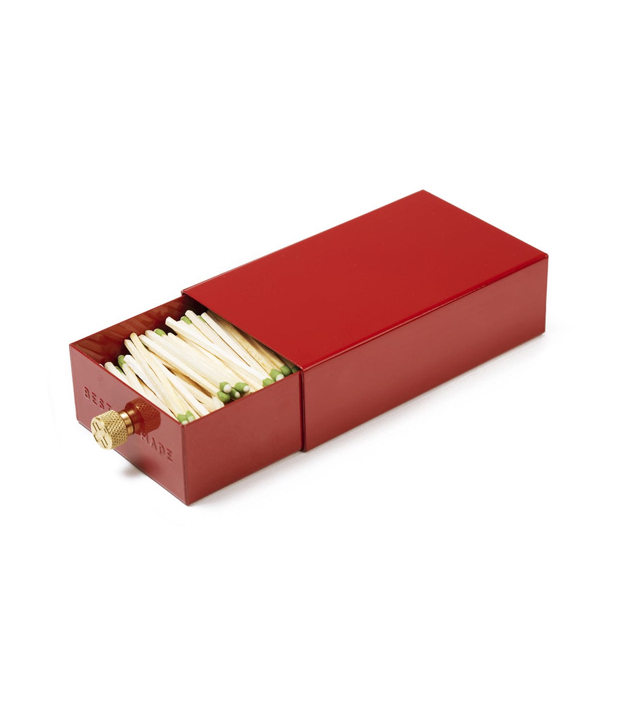 A red rectangular matchbox with an open drawer revealing wooden matches with green tips and a striker on the side.