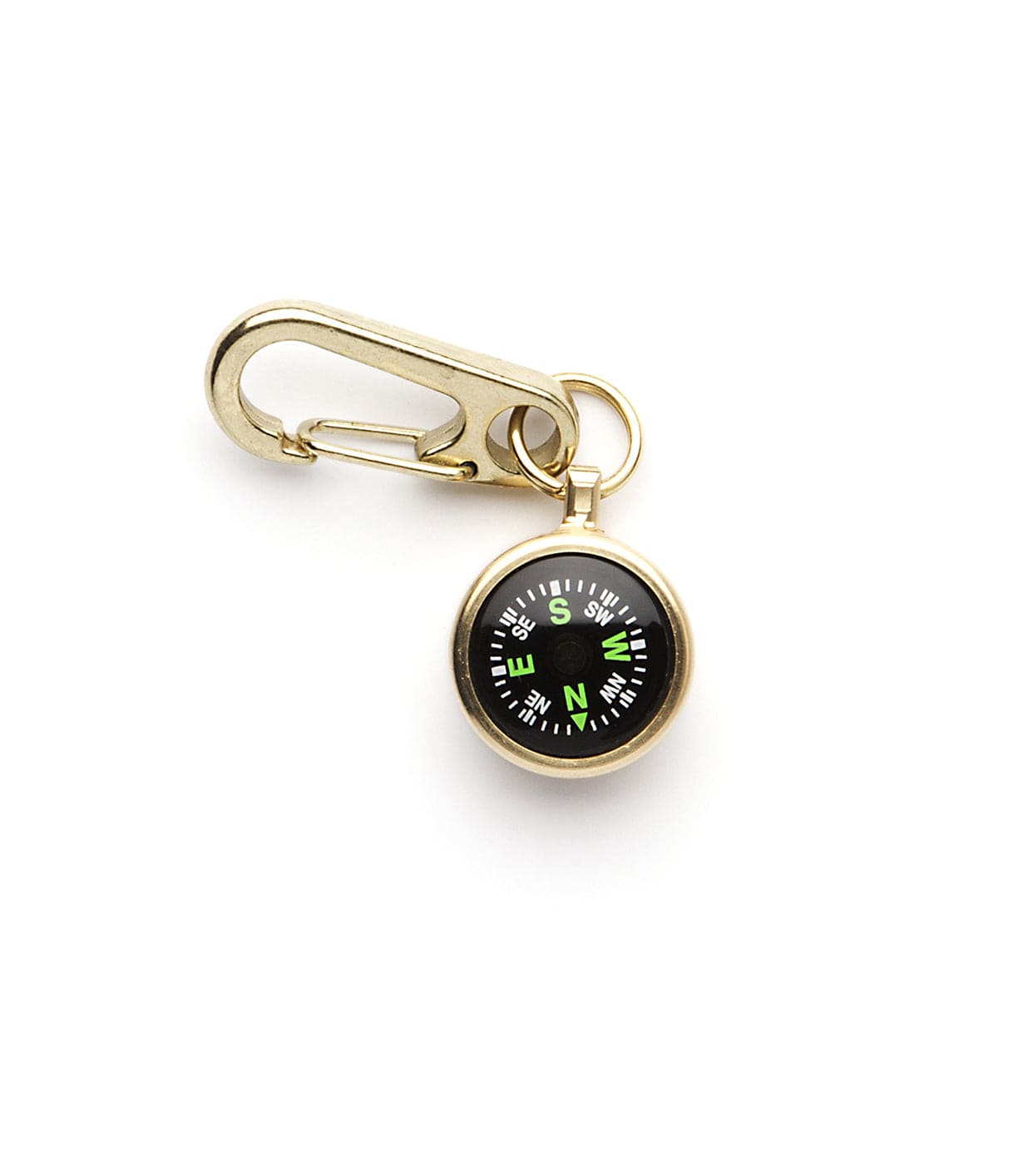 A small gold keychain with a round black compass attached.