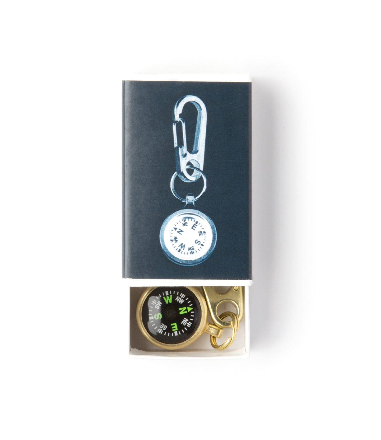 Small box containing a keyring with a black and green compass and an illustration of a similar keyring on the cover.