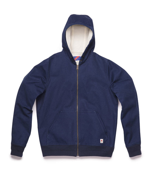 A navy blue hooded sweatshirt with a front zipper and two pockets displayed on a plain background.