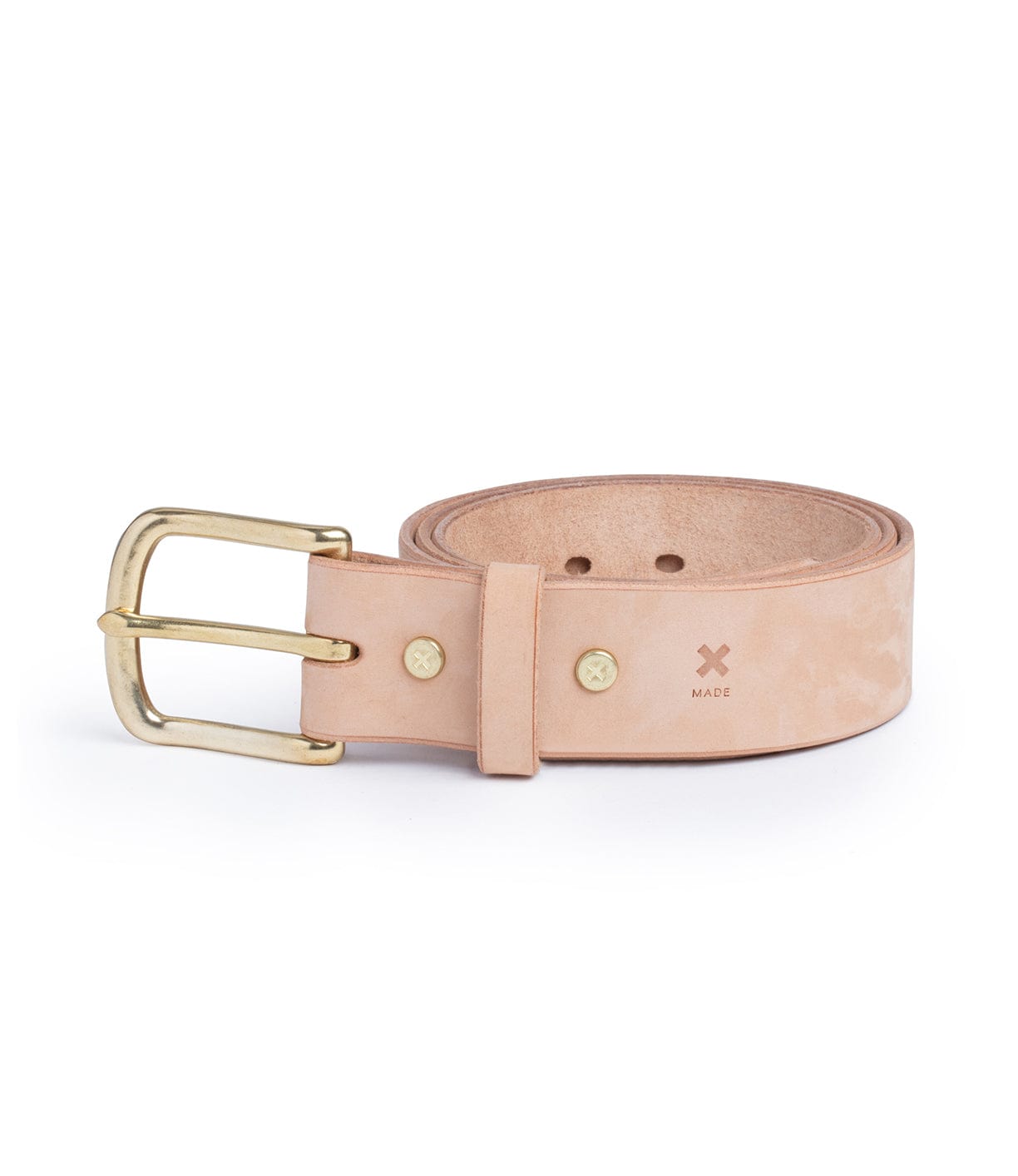 A rolled-up tan leather belt with a gold buckle and visible stitch details, placed on a plain white background.