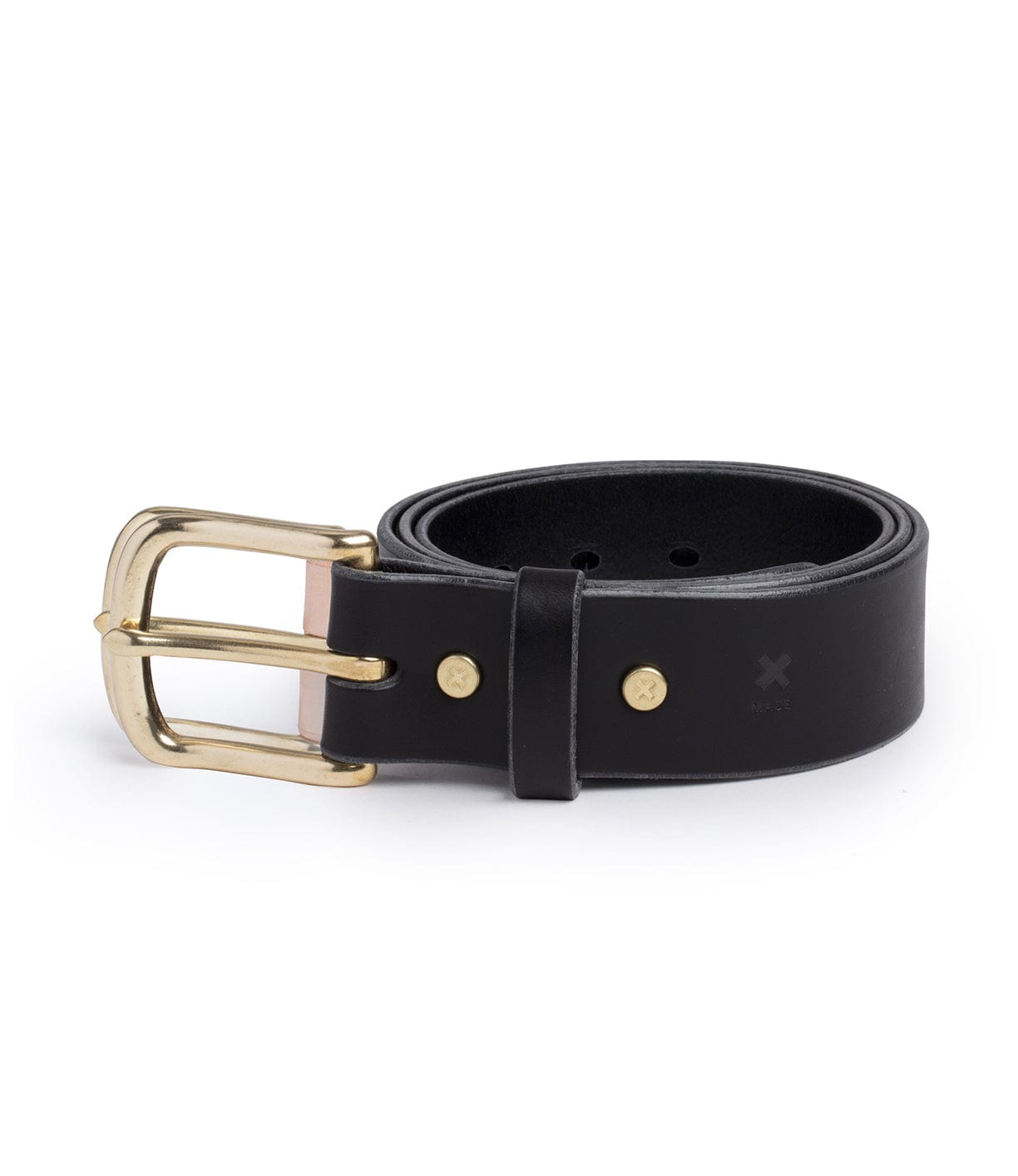 A black leather belt with a gold buckle and two gold rivets near the fastening holes, rolled up on a white background.