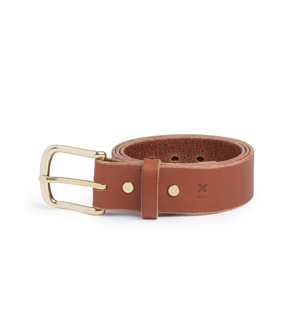 Brown leather belt with a brass buckle, featuring small metal rivets and a stamped insignia.