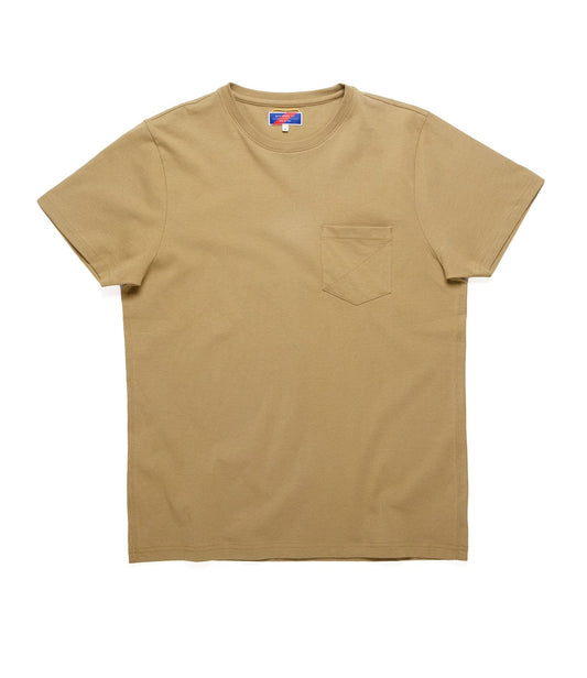 Beige short-sleeve t-shirt with a single front pocket, displayed on a plain white background.