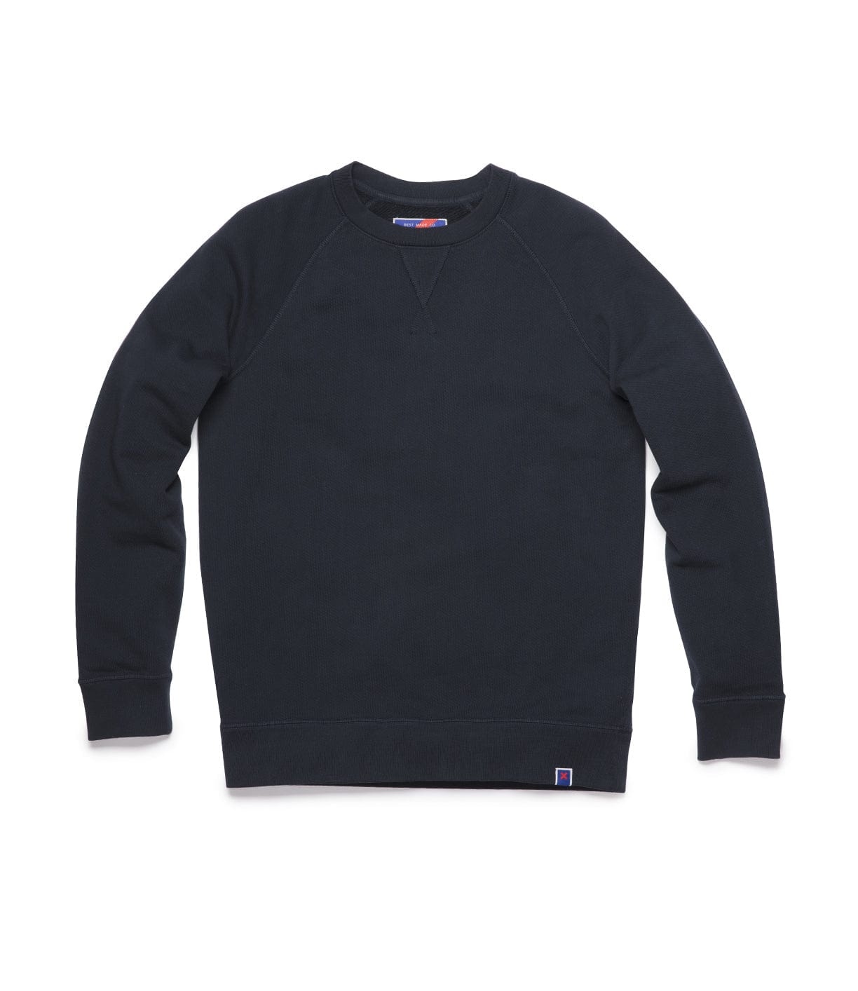 A plain, black, long-sleeve sweatshirt with a crew neck and ribbed cuffs, lying flat.