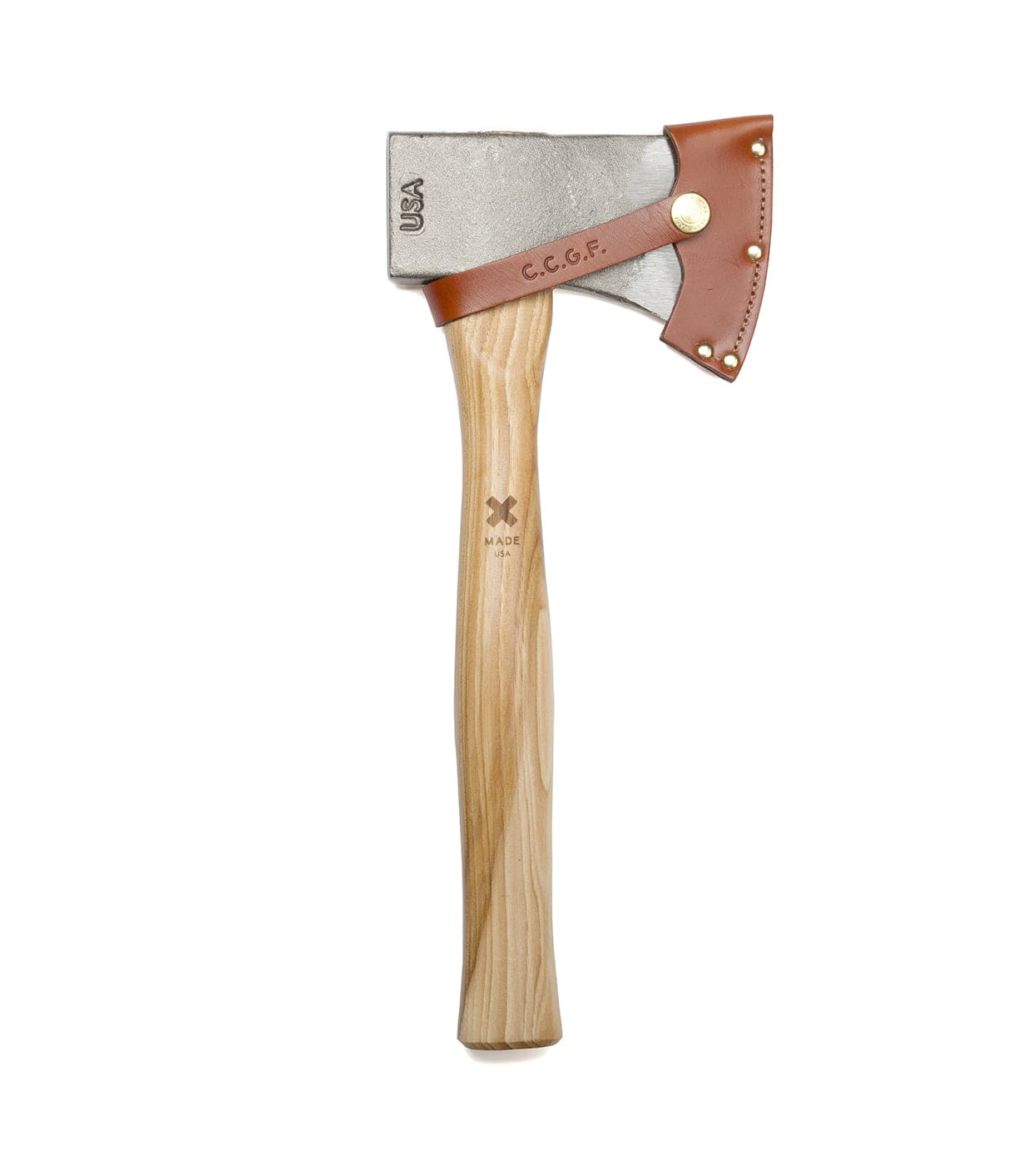 A hatchet with a wooden handle and a grey metal head, partially covered by a brown leather guard secured by a brass fastener. The head is marked with C.C.C.F. and USA.