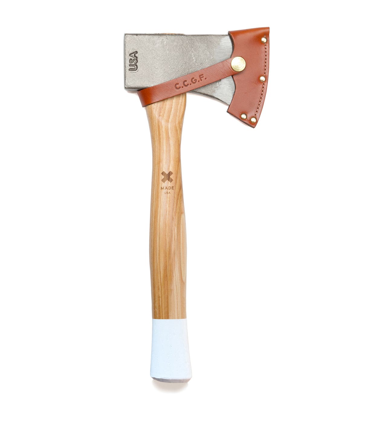 A hatchet with a wooden handle, a gray steel blade marked USA, and a leather blade cover stamped C.C.G.F. The lower handle is partially painted white.