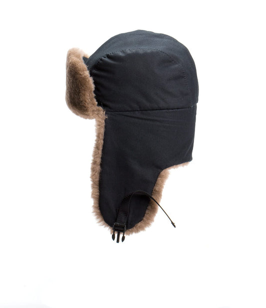 A black winter hat with brown fur lining and ear flaps, designed to protect against cold weather.