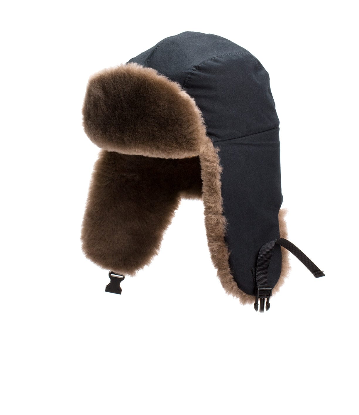 Black winter hat with brown fur lining and ear flaps, featuring a chin strap for secure fit.