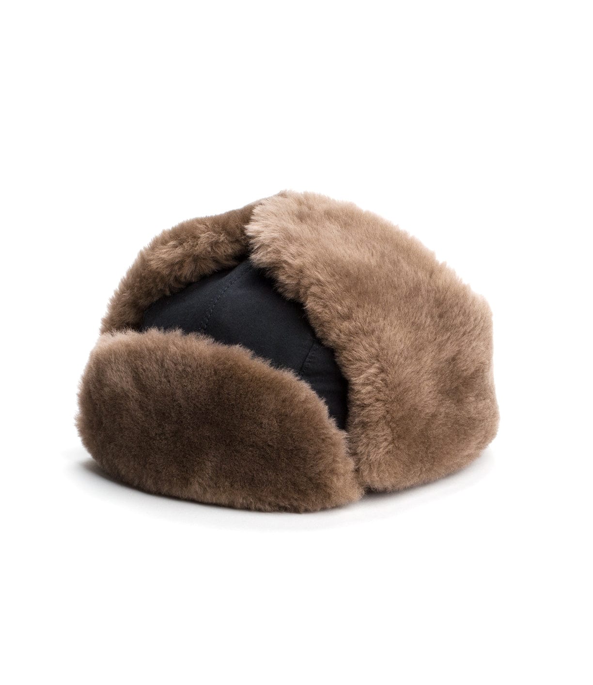 A brown fur hat with a black inner lining sits on a plain white background.