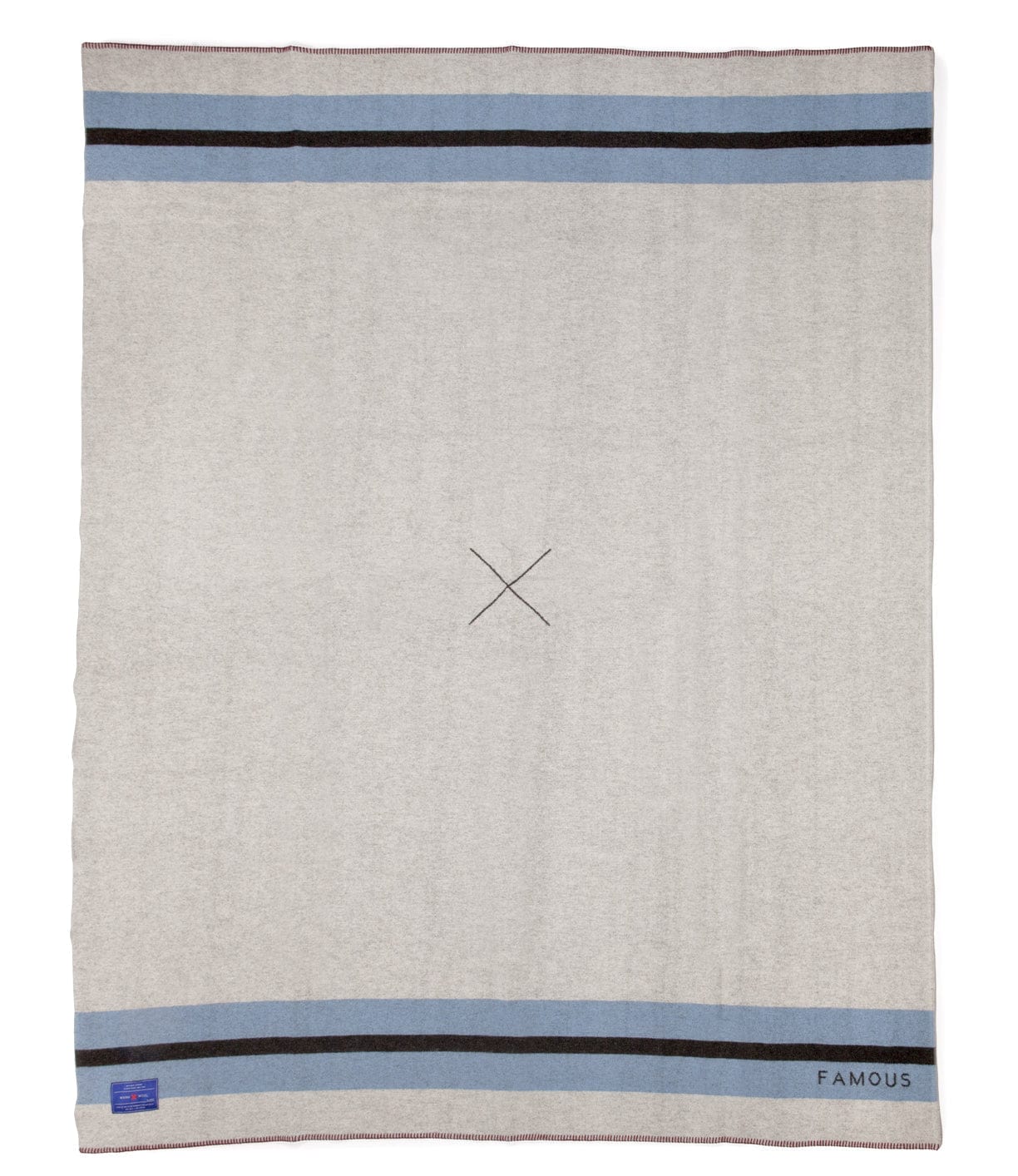 A gray rectangular blanket with two horizontal blue stripes near the top and bottom edges, a small stitched X in the center, and the word FAMOUS in one bottom corner.