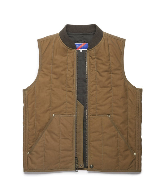 A brown, sleeveless, quilted vest with a front zipper and two large front pockets, laying flat on a plain white background.