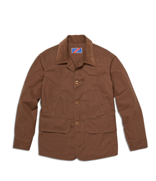 A brown button-up work jacket with a corduroy collar and two front pockets.