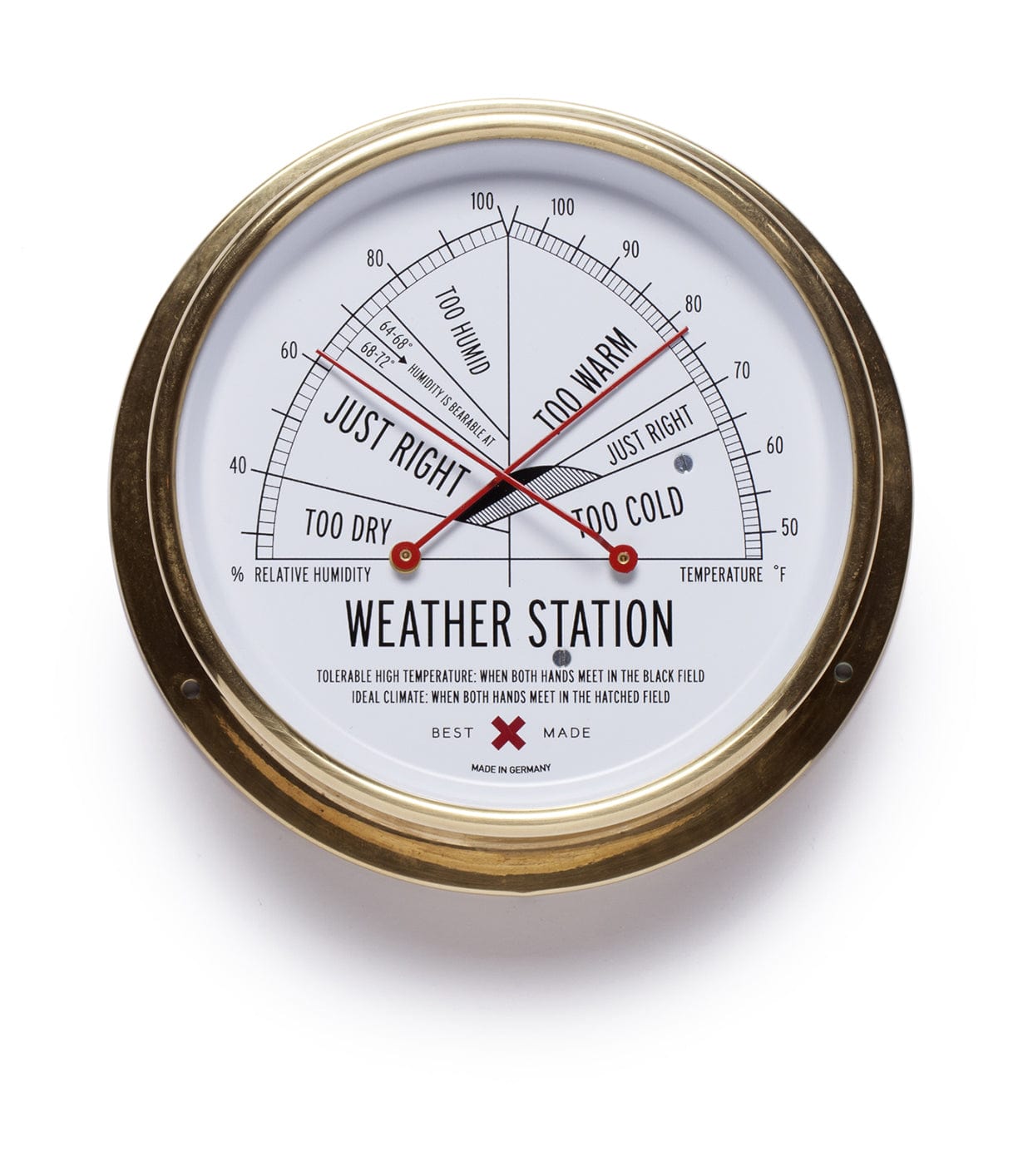 A round weather station with a brass frame, displaying humidity and temperature scales marked with Too Dry, Just Right, Too Warm, and Too Cold zones, with two red needles.