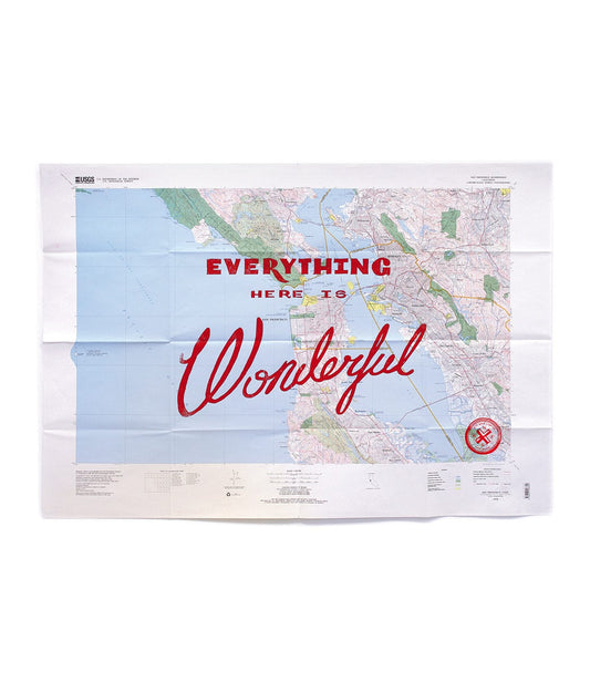 A map displaying the phrase Everything here is wonderful in large red letters over certain regions, with white background and geographic details visible.