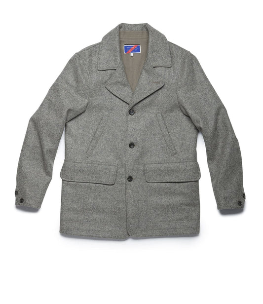 A gray wool blend jacket with a notched collar, button closure, and two large front pockets, displayed on a white background.