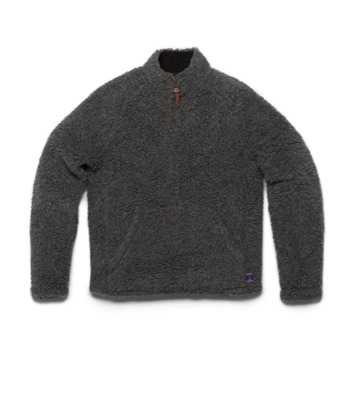 A gray, long-sleeve, fleece pullover sweater with a half-zipper closure and a small logo tag near the hem.