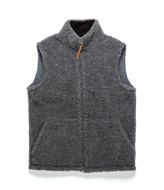 A gray, sleeveless, zip-up fleece vest with a high collar and front pockets, laid flat on a white background.