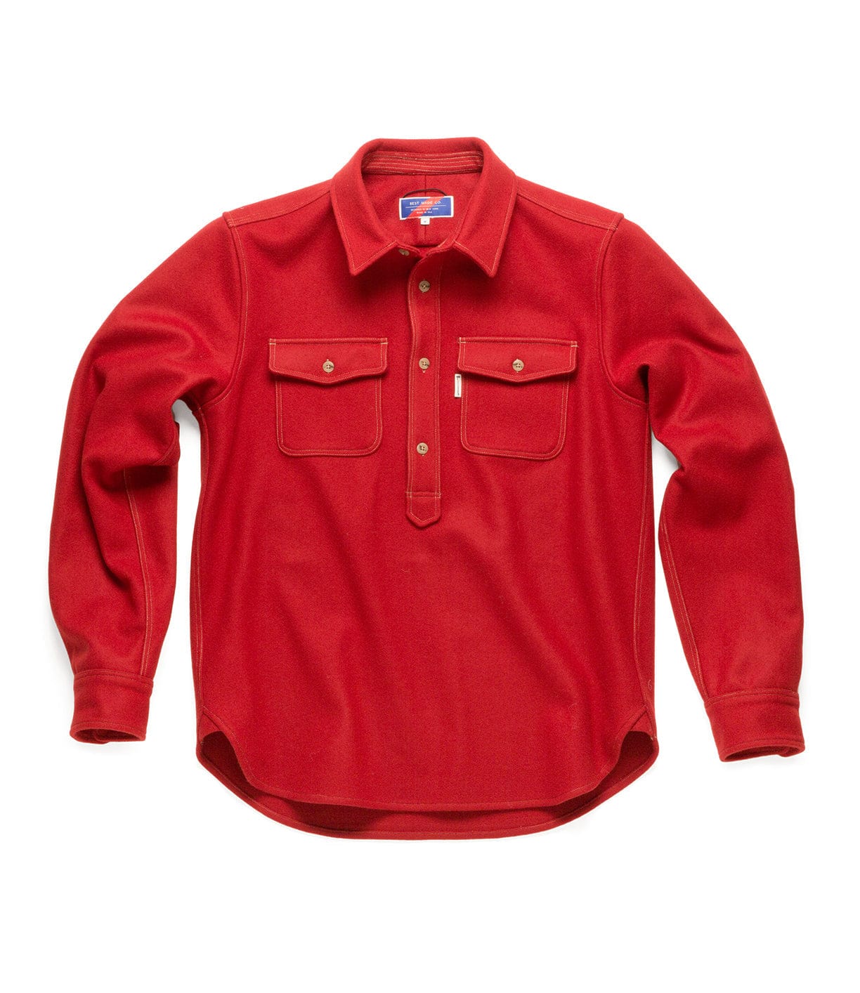 A long-sleeved red shirt with a collar, button placket, and two chest pockets featuring button closures.