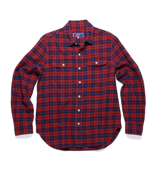 Red and black checkered long-sleeve shirt with buttons, featuring two front chest pockets.